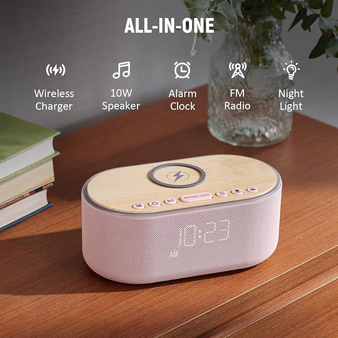 uscce Alarm Clock Bluetooth FM Radio: 10W Stereo Sound Speaker - Fast Wireless Charging for iPhone Samsung - Dimmable Clock Radio for Bedroom
