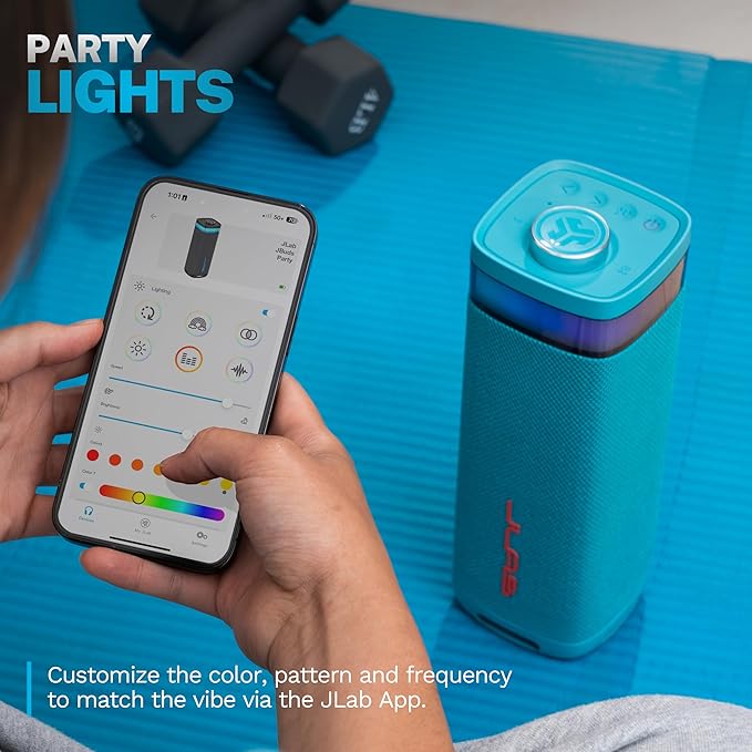 JLab JBuds Party Portable Bluetooth Speaker, 2 Full-Range Drivers + 2 Passive Woofers, IP56 Waterproof, 12 Hours Playtime, Connect Multiple Speakers, Custom Sound + RGB Lighting via App, Cyan