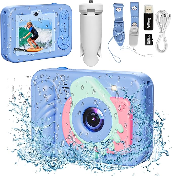 Underwater Camera, 48MP 5FT Waterproof Digital Camera with 32GB Card, Autofocus Floatable Waterproof Camera with HD Screen, 8X Digital Zoom, for Kids Water Park, Swimming (Foot Style, Blue)