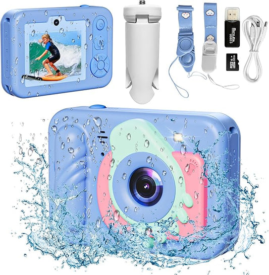 Underwater Camera, 48MP 5FT Waterproof Digital Camera with 32GB Card, Autofocus Floatable Waterproof Camera with HD Screen, 8X Digital Zoom, for Kids Water Park, Swimming (Foot Style, Blue)