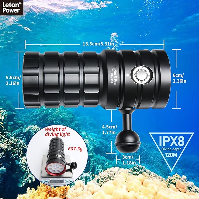 Turbo S Pro Dive Light, 13000Lumens 100m Underwater Video Light,Diving Flashlight,Waterproof Flashlight with Type-C Charging for Professional Under Water Sports
