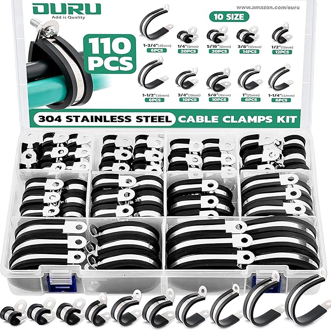 110PCS Cable Clamps Assortment Kit,10 Sizes—1/4" 5/16" 3/8" 1/2" 5/8" 3/4" 1" 1-1/4" 1-1/2" 1-3/4" Stainless Steel Rubber Coated Cushioned Insulated Cable Clamp,Automotive Wire Pipe Clamps