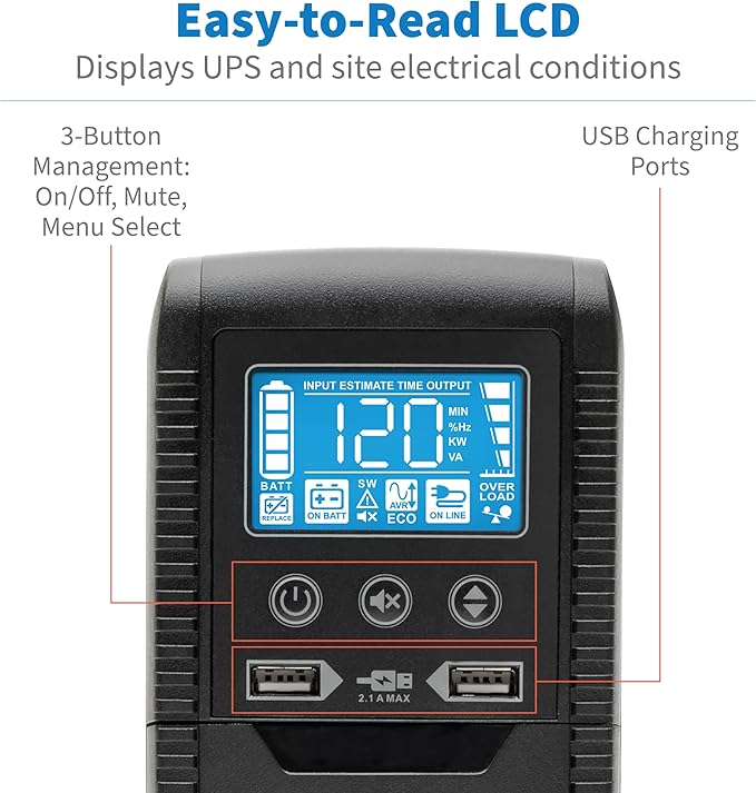 Tripp Lite 1300VA UPS Battery Backup Surge Protector, AVR, 10-Outlet Uninterruptible Power Supply, USB Charger, Ethernet Protection (ECO1300LCD)