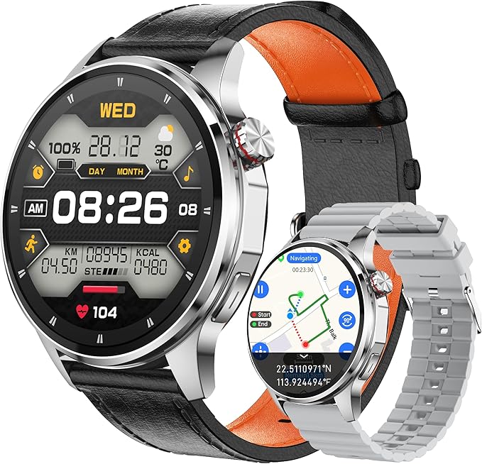 Smart Watch for Men Built-in GPS with Map, 1.46" AI Smartwatch with Health Monitor for Android Phones/iPhone, 100+ Sport Modes Fitness Tracker with Compass/Altitude/Barometer, Text Reply(2 Bands)