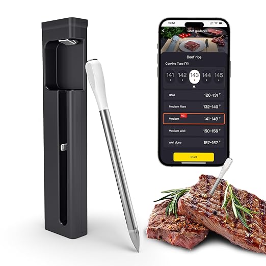 Wireless Smart Meat Thermometer - Digital Food Meat Thermometer up to 500Ft Remote Range with Bluetooth 5.2 .Thin Probe, for Grill Oven BBQ Smoker Rotisserie, iOS & Android APP