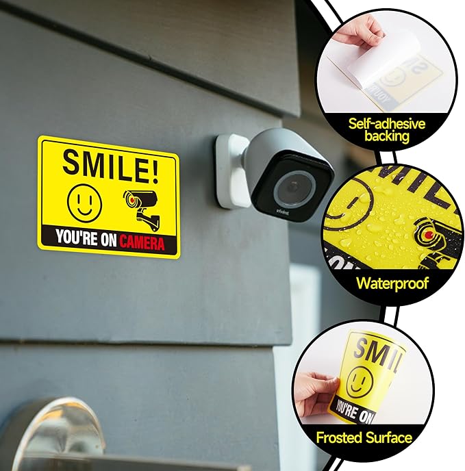 2PCS Smile Your On Camera Sign, Self-Adhesive Waterproof and Fade-Resistant Security Camera Sticker,You Are Being Recorded Sign for Home, Office, Shop, Door（7.7" x 5.3"）