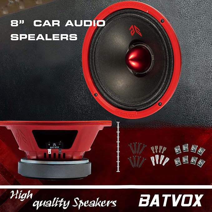 MX80E2 Midrange Loudspeaker 8" Red Bullet, 640W Max, 4 Ohms, Premium Quality Audio Door Speakers for Car or Truck Stereo Sound System, Red (2 Speaker)