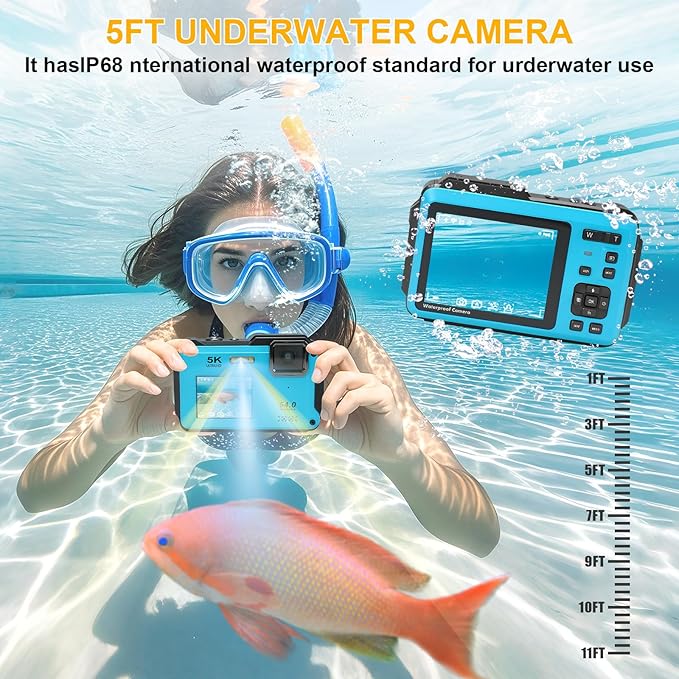 5k Underwater Camera,64mp Waterproof Camera Dual-Screen Selfie Underwater Cameras for Snorkeling 16x Digital Zoom WiFi Waterproof Digital Camera 1200mah Battery (Blue)