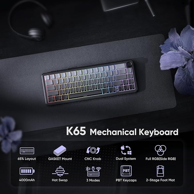 RedThunder K65 Wireless Mechanical Gaming Keyboard, Trip-Modes Connection, Gasket Custom Hot-Swap Keyboard, RGB Backlit, Pre-lubed Linear Switches, Side Printed PBT Keycaps, Gradient Gray