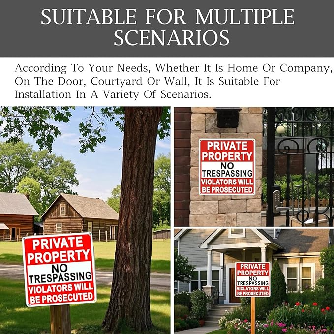 4 Pack Large No Trespassing Signs Private Property, 9.5 Inch x 9.5 Inch Private Property Metal Sign, Rust Resistant Aluminum, With Reflective Material, Durable, Weather Resistant, Easy To Install