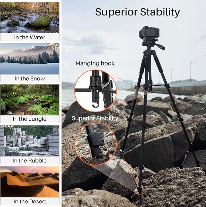 Fotopro 69'' Camera Tripod Lightweight Portable Travel Tripod for Camera and Phone with Detachable 3-Way Pan Head Phone Stand for Video Recording with Carry Bag and Cellphone Clip, Max Load 6.6lb