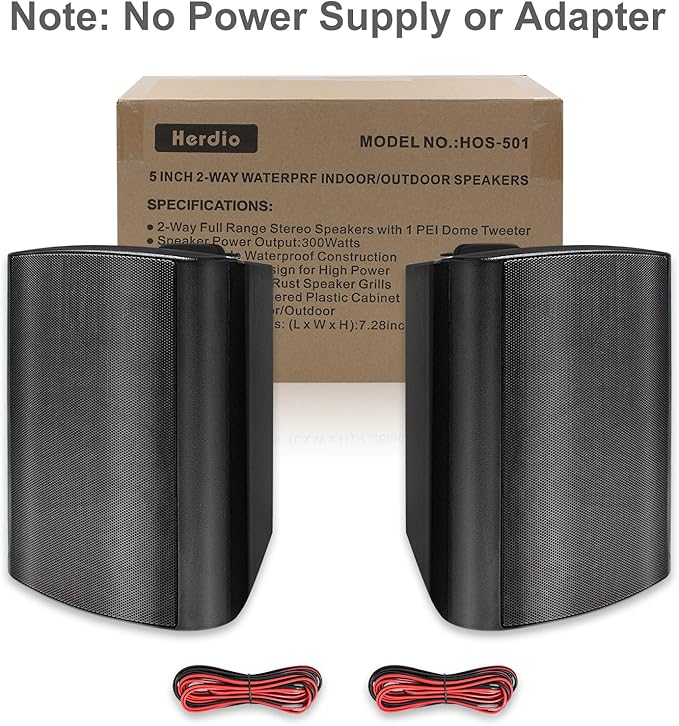 Herdio 5.25 Inches Passive Outdoor Speakers Wired Waterproof, 300 Watts Wall Mount Speakers All Weather for Patio Indoor Deck Countryard (1 Pair, Black)