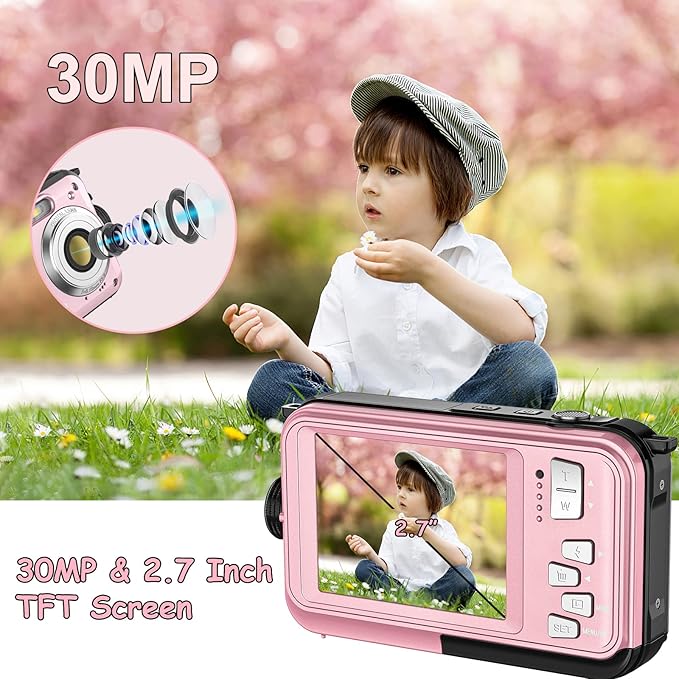 Underwater Camera, Waterproof Camera Autofocus with 32GB Card, 10FT Waterproof Digital Camera with 2.7" Screen for Kids, 16X Fill Light Portable Compact Digital Camera for Snorkeling, Pink