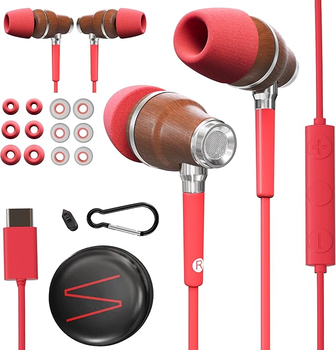 Symphonized Premium Wooden iPhone Earphones Wired (USB C) Deep Bass Sound, 3D Sound, Microphone Volume Control, 90% Noise Cancelling for Type C Devices. Earphones for iPhone 15 to 17 & Android