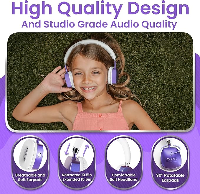 Puro Sound Labs PuroQuiet Plus Kids Noise Cancelling Headphones, Bluetooth Kids On Ear Headphones with Mic, Lightweight On-Ear Design, Studio-Grade Sound (Purple)
