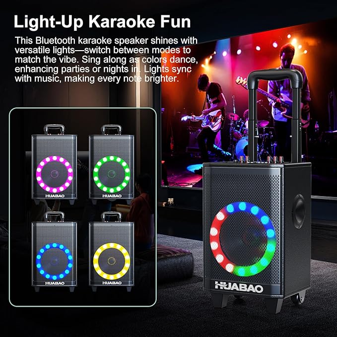 Portable Karaoke Machine with 2 Wireless Microphones, Bluetooth Speaker with Lights and Trolley Wheels, 6600mAh Rechargeable PA System, FM/AUX/USB/TF, Remote, Bass/Treble/Echo Adjust, Ideal for Party