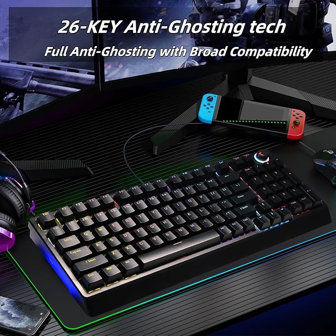 Mechanical Gaming Keyboard with Red Switches:98 Keys with Backlit, Black, Fine-Tune Audio or Brightness Using The Dual-Function knob,17 Lighting Modes,Anti-Ghosting, Wired USB for PC Mac Gaming