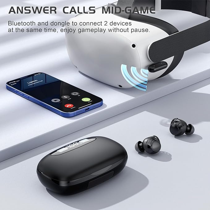 IAMJOY Gaming Earbuds, 20ms Low Latency, Wireless Game Earbuds with LED Display, 90H Play Time, 2.4GHz & Bluetooth, Noise-Canceling Mic Compatible with Meta Quest, PS5/4, VR, Switch, PC
