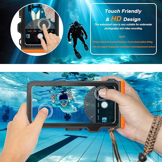 2025 Upgrade Waterproof Phone Case, Diving Snorkeling Swimming Scuba Underwater Touch Screen Photo Video Housing Cover for 17/16/15/14/13/12/11 Pro Max/XS Samsung Galaxy S25/S24/S23/S22 (Black Orange)