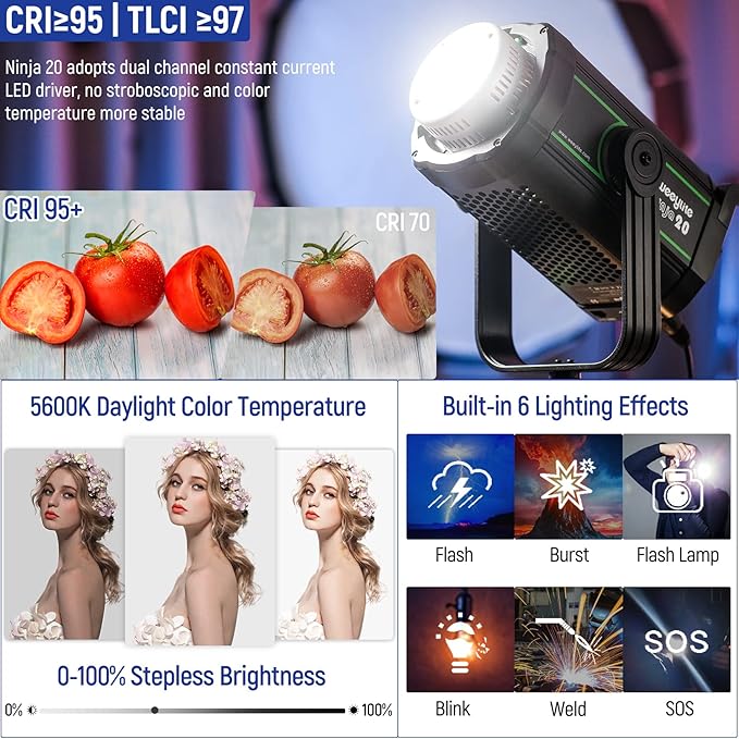 Weeylite 200W 5600K LED Video Light, Continuous Output Photography Lighting with CRI 95+TLCI 97+,79000 Lux@1M Bowens Mount & App Control for Video Recording Portrait Wedding Outdoor Shooting YouTube