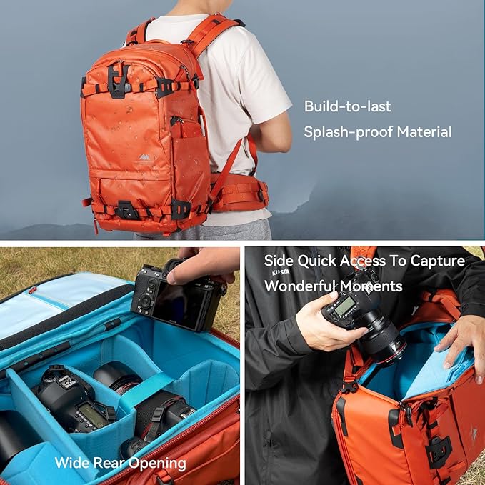 Tenzing 35L Camera Backpack with Rain Cover for Photographers 16 inch Laptop Compartment Waterproof Large Camera Bag for Drone,Cameras, Batteries, Lenses,Tripod(Orange)