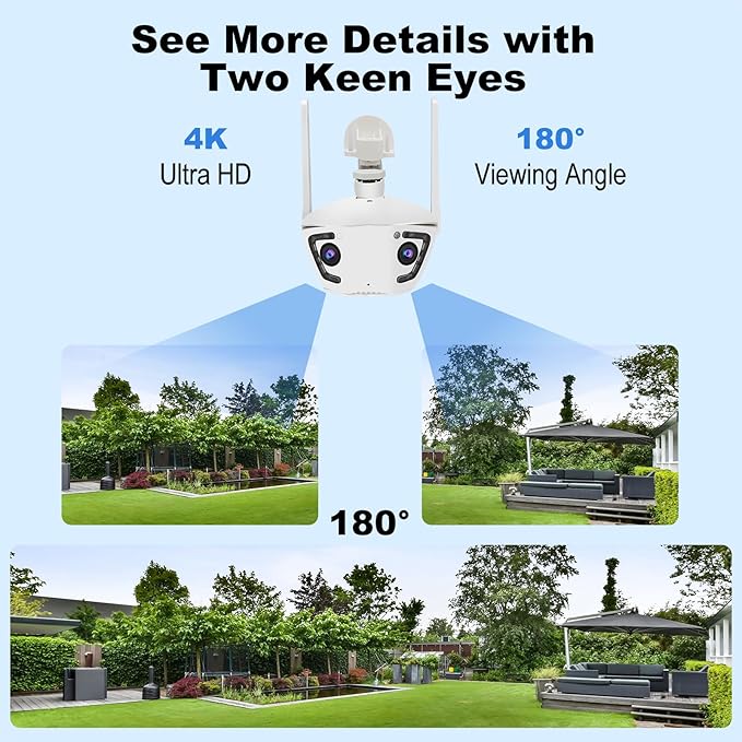 4K/4MP Dual Lens 180-Degree Ultra-Wide Panoramic Angle Outdoor Home Security Smart Bullet IP Camera,Human/Vehicle/Pet Detection,Color Night Vision,2 Way Audio,Dual Band WiFi,24/7 Recording