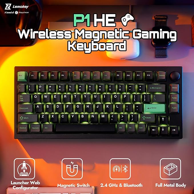 P1 HE 75% Wireless Custom Mechanical Gaming Keyboard with Gateron Double-Rail Magnetic Switches Full Assembled Knob Version - Black