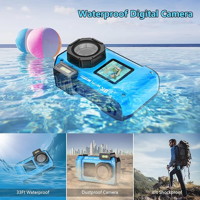 UHD 8K Underwater Camera, 70MP 33FT WiFi Waterproof Digital Camera with 64GB Card, Auto Focus Waterproof Dual-Screen Selfie 2500mAh Battery, 16X Floatable Digital for Snorkeling, Blue