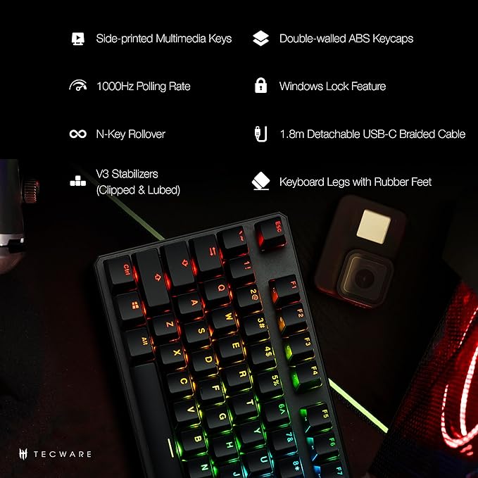 TECWARE Phantom+ 87 Key Mechanical Gaming Keyboard, RGB led, TKL 75% Keyboard, Thocky Sounding, Wraith Red Switch