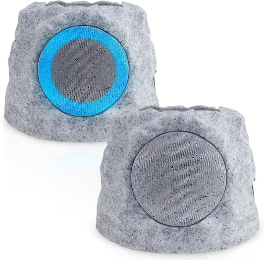 2-Pack Rock Speakers Outdoor Water-Resistant Solar Powered Patio Speaker with 3 Mode Lights and Pair System and USB Rechargeable for Pool Outside Garden Yard Deck