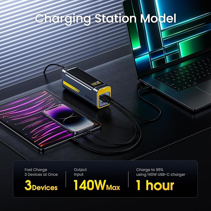 AOHI 140W PD3.1 Laptop Power Bank 40000mAh Fast Charging Station, The Future Starship 2 in 1 Camping Large Portable Charger for MacBook Pro/Air, iPad Pro, iPhone 16 Pro Max,Galaxy,Steam Deck, Grey