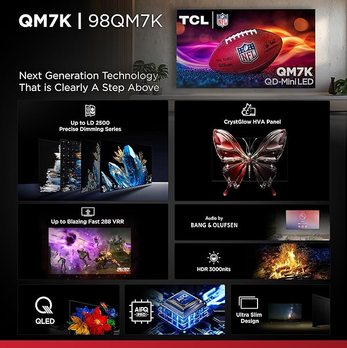 TCL 98-Inch Class QM7K Series QD-Mini LED 4K UHD Google Smart TV Best Premium Mini-LED TV - QLED, 144hz, 288hz Gaming Rate, Anti-Reflective Screen, Bang & Olufsen Audio, Atmos (98QM7K, 2025 Model)