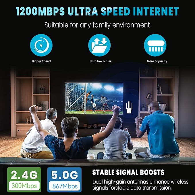 2025 WiFi Extender Signal Booster for Home - 1200Mbps Dual Band, Covers 12880 Sq Ft & 108 Devices, Long Range Internet Booster with Ethernet Port, Easy Setup