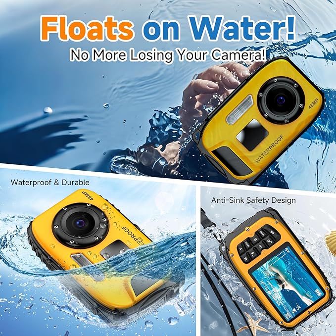 Underwater Floating Digital Camera – 48MP HD Bare-Body Waterproof Camera, No Case Needed for Underwater Fun & Childhood Memories (Yellow)