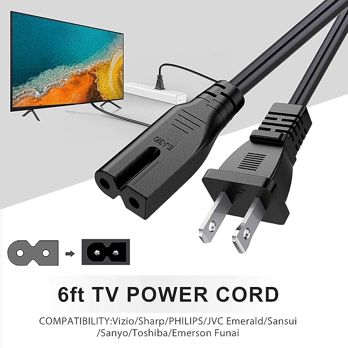BICMICE 6Ft Extra Long 2 Prong Polarized Power Cord for Vizio-LED-TV Smart-HDTV E-M-Series Sound Bar 2 Slot Adapter-AC-Wall-Cable:IEC-60320 IEC320 C7 to NEMA 1-15P for Sharp Philips LED TV PS1 PS2