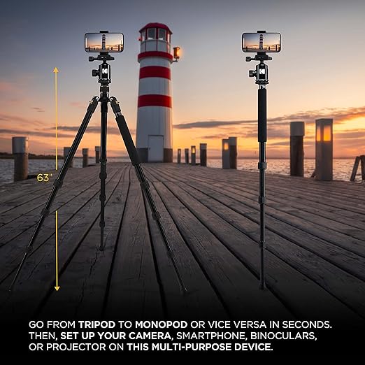 KODAK Photo Gear 63” Tripod & Monopod with 360° Ball Head | Premium Professional 2-in-1 Aluminum Camera Stand with Bluetooth Remote Control & Smartphone Adapter | Compact & Portable for Work & Travel