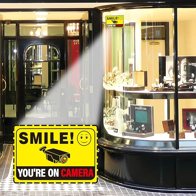 3PCS Smile Your On Camera Sign, Self-Adhesive Waterproof and Fade-Resistant Security Camera Sticker,You Are Being Recorded Sign for Home, Office, Shop, Door（7.7" x 5.3"）
