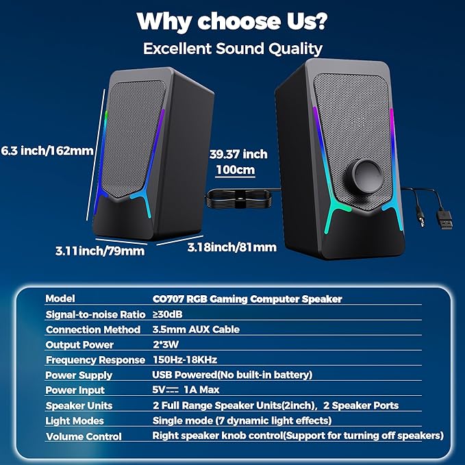 ROSON Computer Speakers, Gaming PC Speakers with Enhanced Bass and Volume Control, Stereo 2.0 USB Powered 3.5mm Aux Multimedia Speakers for Laptop/Desktop/Tablets/Phone