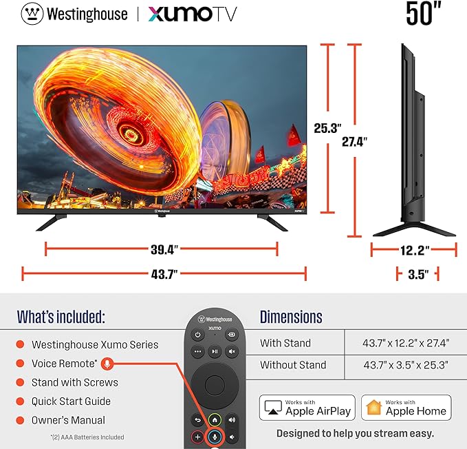 Westinghouse 50-inch Smart TV, 4K UHD Xumo TV w/ HDR10, Voice Remote, Dolby Vision, Dolby Atmos, Edgeless, Flat Screen LED Television w/Bluetooth, Apple AirPlay, Wi-Fi & Mobile Connectivity