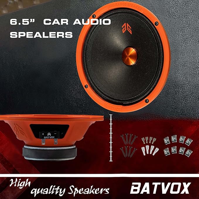 MX65P1 Midrange Loudspeaker 6.5" Orange Dust Cap, 200W Max, 4 Ohms, Premium Quality Audio Door Speakers for Car or Truck Stereo Sound System, Orange (2 Speaker)