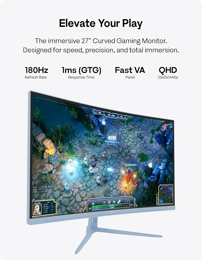Pixio PXC278 Wave Blue 27 inch 180Hz Refresh Rate QHD 1440p Resolution 1650R Curved Fast VA Panel 1ms GTG Response Time Adaptive Sync HDR Curved Gaming Monitor