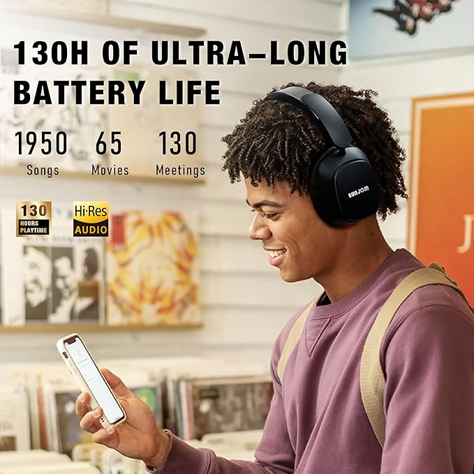 Remix 130H Playtime Bluetooth Over-Ear Wireless Headphones, ANC/ENC Active Noise Cancelling, Foldable Rotatable Lightweight Headphones with Microphone Type-C for Call Travel Sports (Black)