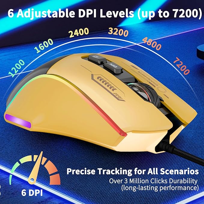 Gaming Mouse, Wired Gaming Mouse with RGB Backlit, 7200DPI Adjustable, PC Gaming Mice with 7 rogrammable Macro Buttonsg, Ergonomic Mouse Gamer for PC, Desktop, Mac，Laptop, Chromebook.