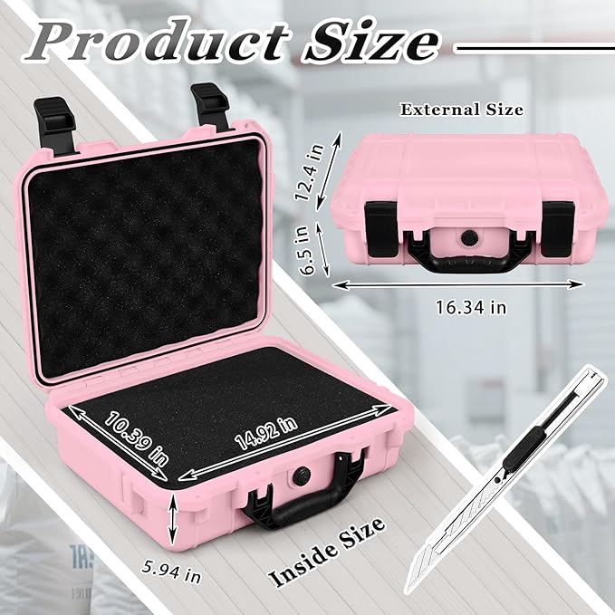 16.3 x 12.4 x 6.5 Inch Waterproof Hard Case with DIY Customizable Foam Insert Portable Protective Case with Knife for Camera Drones Equipments Tools Test Instruments (Pink)