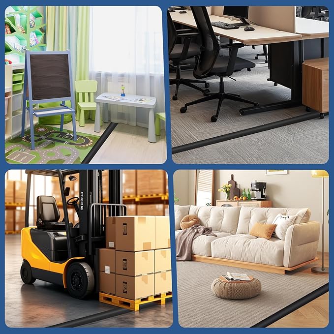 Floor Cord Cover for Wires on Floor Self Adhesive Cord Hider Floor Cable Management Wire Covers for Cords Protector Prevent Cable Trips Cord Cavity W 0.32" x H 0.32", Black, 20Ft