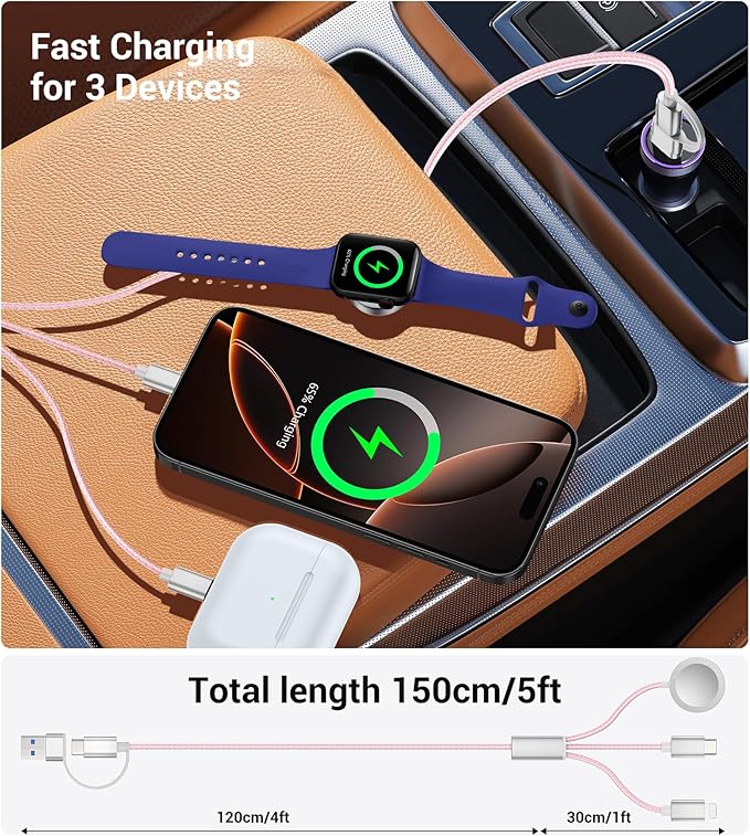 Temdan for Travel Vacation Essentials,3 in 2 USB C Cable for Apple Watch Charger/iPhone 17 Charger/Lightning,Multi Charging Cable Cord,Camping Essentials,Designed for iWatch &iPhone 16-12-5FT Pink