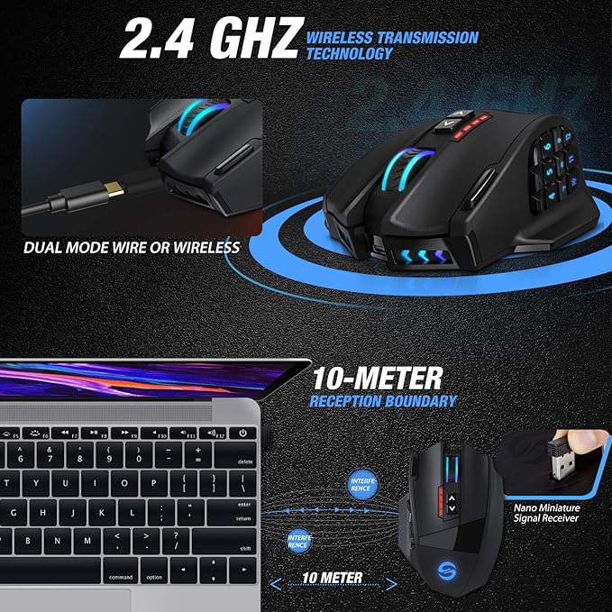 UtechSmart Venus Pro RGB Wireless MMO Gaming Mouse, 16,000 DPI Optical Sensor, 2.4 GHz Transmission Technology, Ergonomic Design, 16M Chroma RGB Lighting, 16 programmable Buttons, Up to 70 Hours