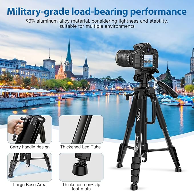 75" Camera Tripod, Aluminum Heavy Duty Camera Stand for ipad Phone, Travel Tripod with/Carry Bag/Phone Tablet Holder, Compatible with Canon Nikon Sony DSLR, Spotting Scopes, Max Load 15 Lb(Black)