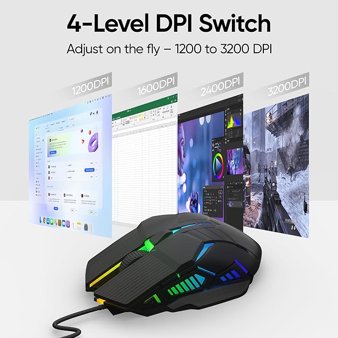 Wired Gaming Mouse - Lightweight USB Optical Computer Mice with 7-Color RGB LED Lights, 4 Adjustable DPI (1200-3200), 6 Buttons, Ergonomic Design for Windows (S800-Black)