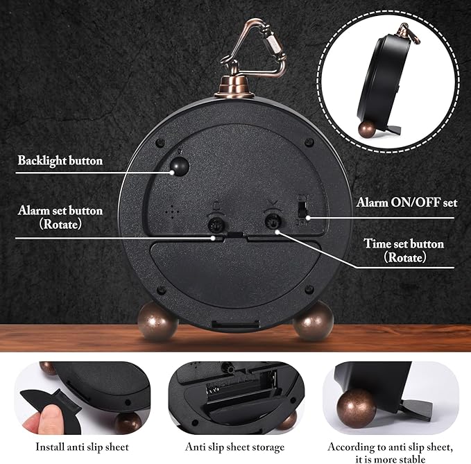 Analog Alarm Clock,Battery Powered Desk Clocks with Night Light,Silent Non Ticking,Retro Simply Design Alarm Clocks for Living Room, Bedroom, Bedside,Dormitory,Decor,Gift (Black)